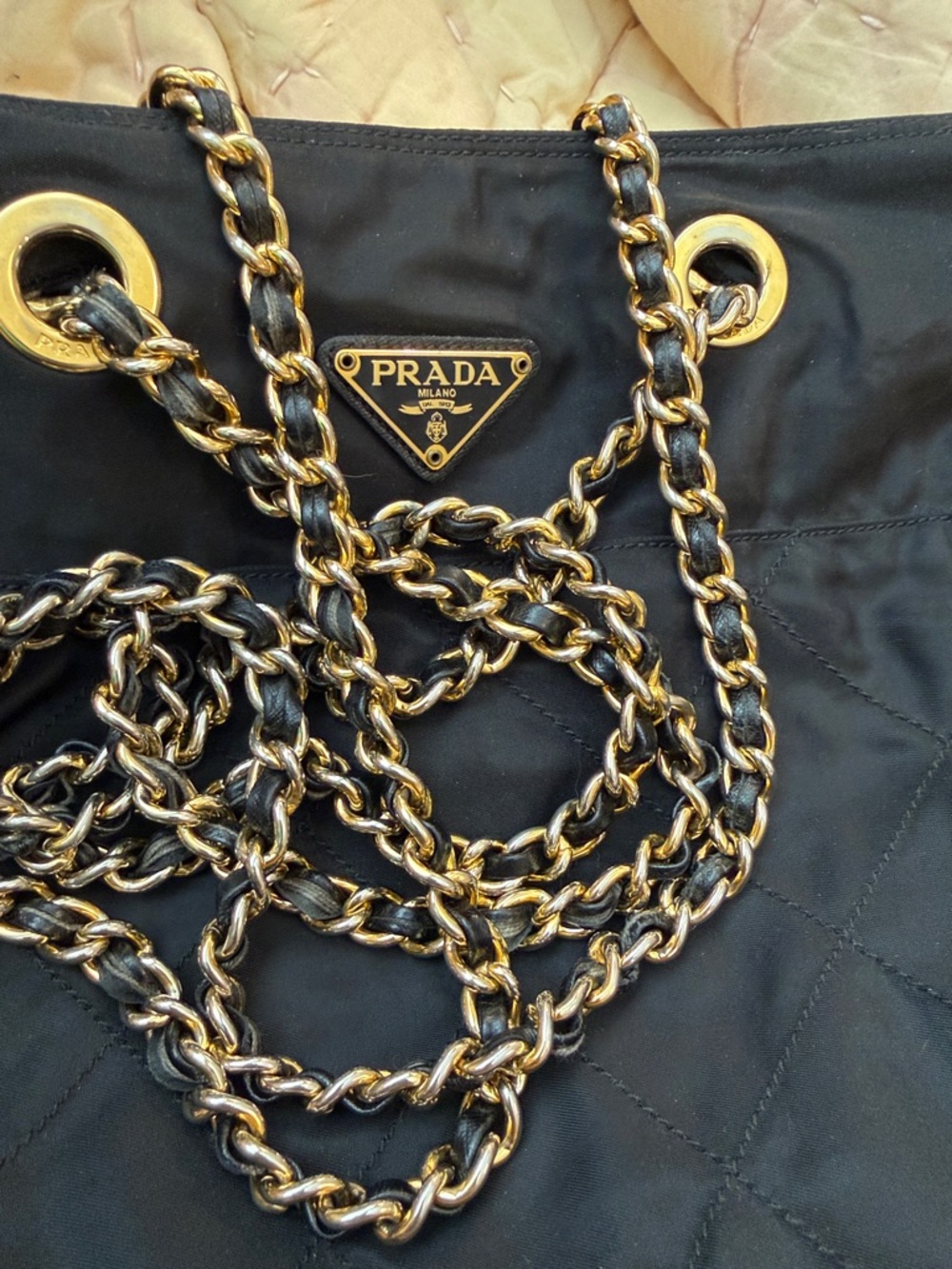 PradaBlack Quilted Nylon Shoulder Bag with Gold Chain Handles!⭐️Open to Offers - Picture 13 of 14